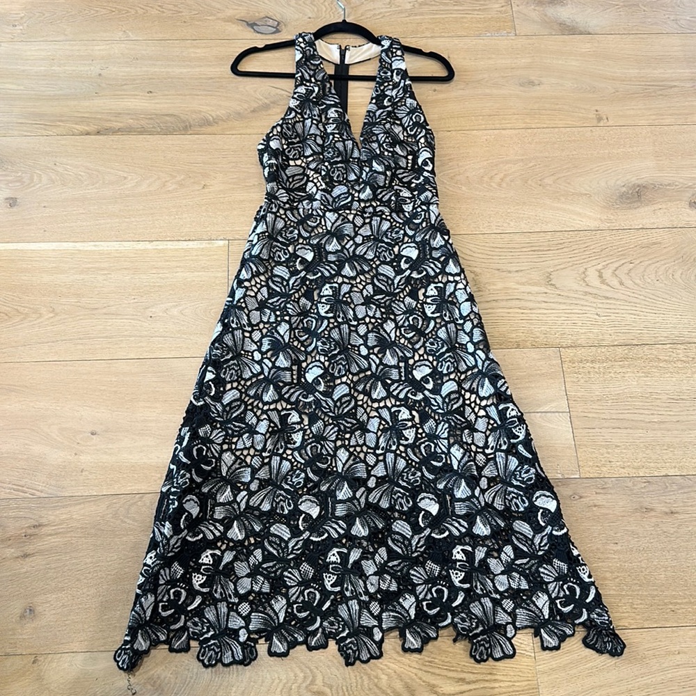 LIKE NEW! Alice + Olivia butterfly knit dress with nude lining, plunging V neck